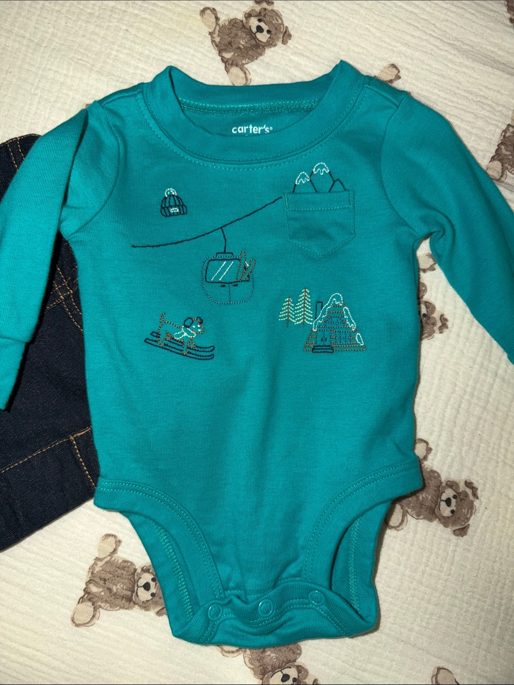 Carter's Teal Long-Sleeve Ski Lift Graphic Baby One-Piece